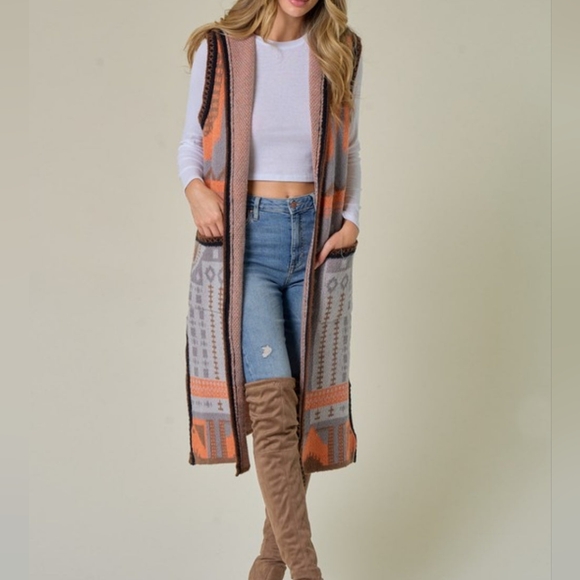 Women's Patterned Long Vest in Orange and Gray - Picture 5 of 10